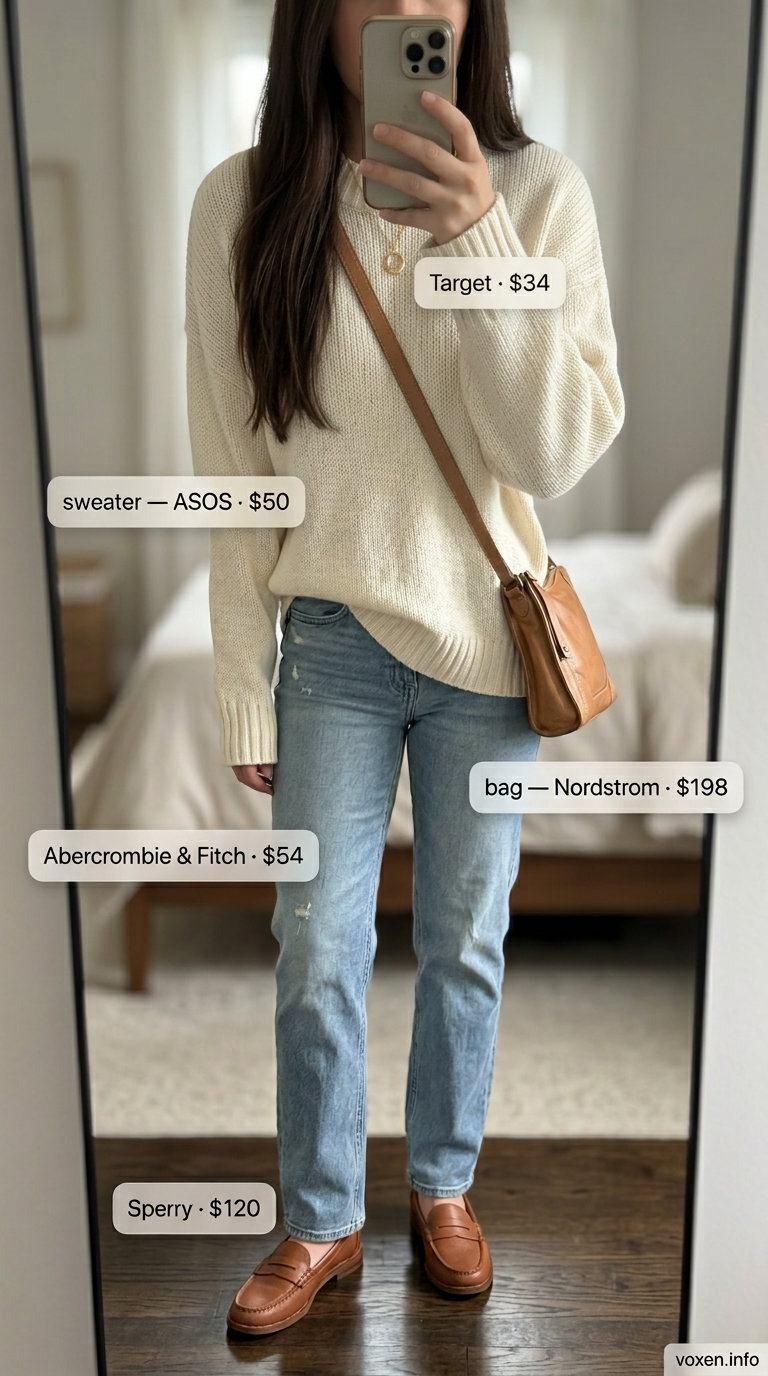 Rainy day summer outfits for women 2026: Cream chunky sweater, light wash jeans, brown loafers, tan crossbody bag for a cozy cafe visit.