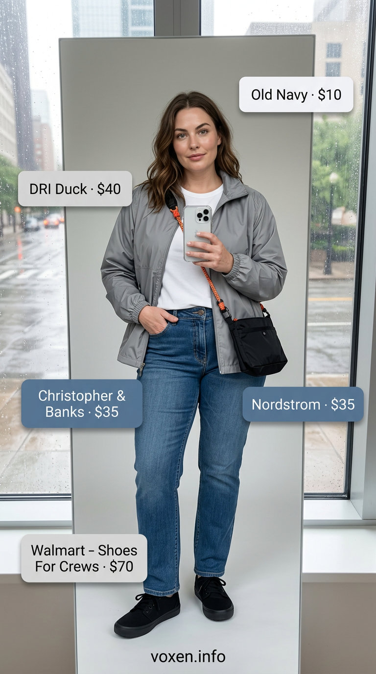 Rainy day summer outfits for women 2026: Denim jeans, white tee, grey utility jacket, black sneakers & crossbody bag for casual outings.