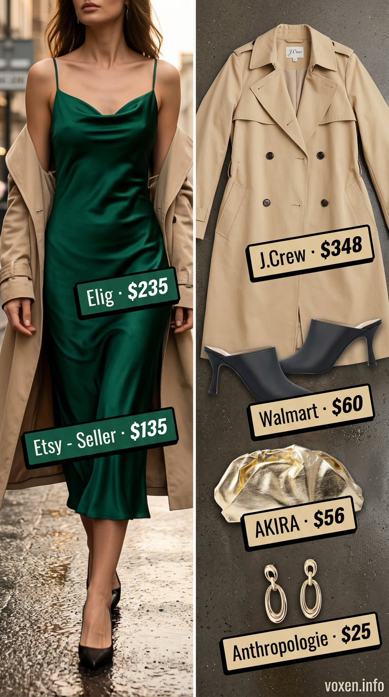 Rainy day summer outfits for women 2026: Emerald green slip dress with beige water-resistant trench coat for elegant evenings.