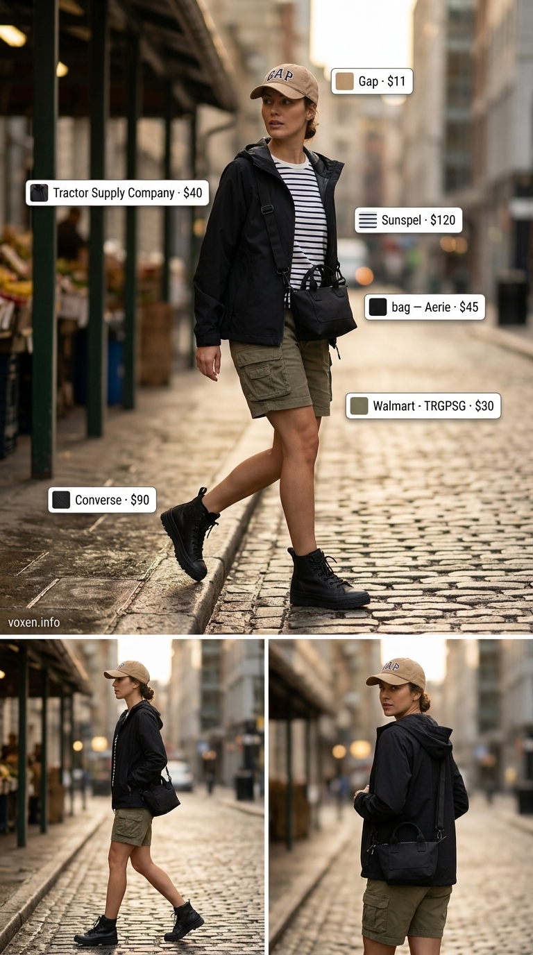 Rainy day summer outfits for women 2026: Khaki utility jacket, navy stripe tee, & waterproof sneakers for weekend exploring.