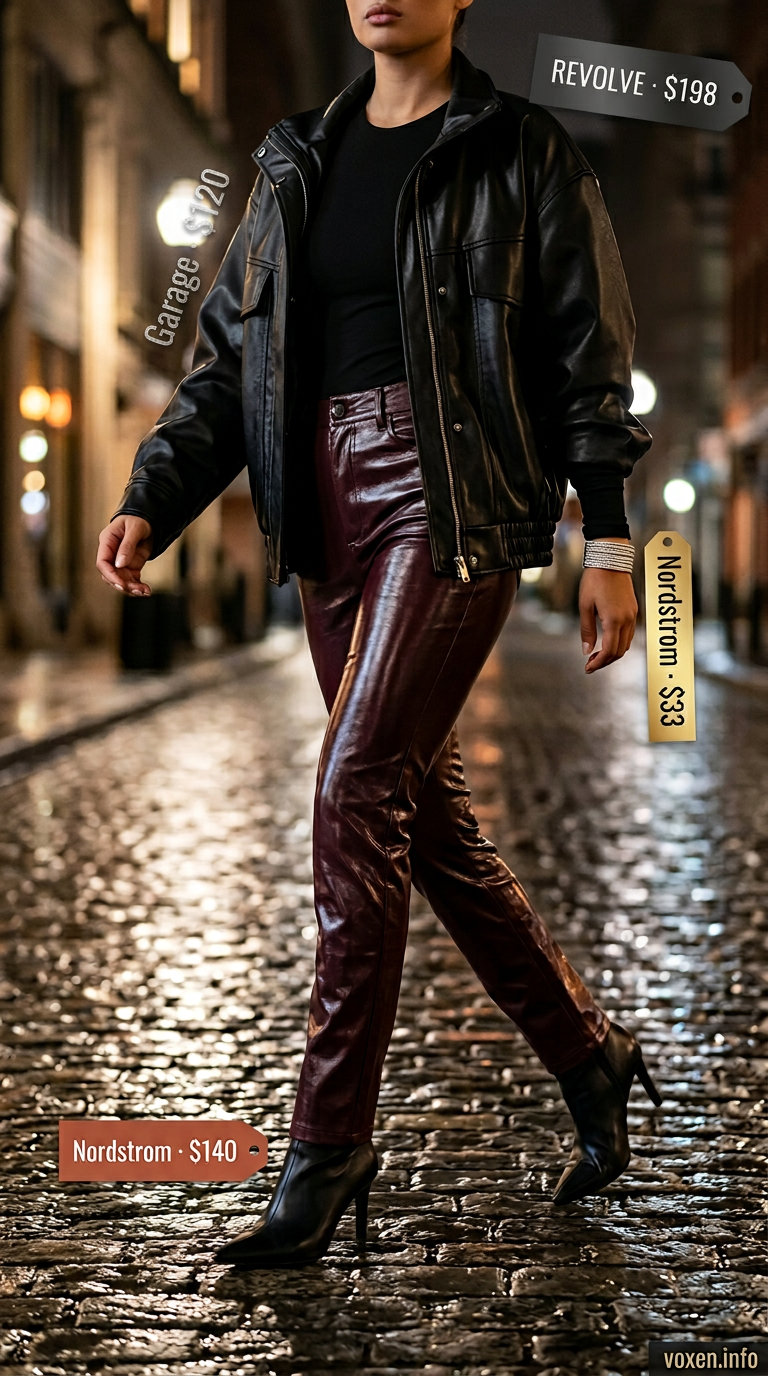 Rainy day summer outfits for women 2026: Black faux leather jacket, burgundy faux leather pants, & pointed ankle boots.