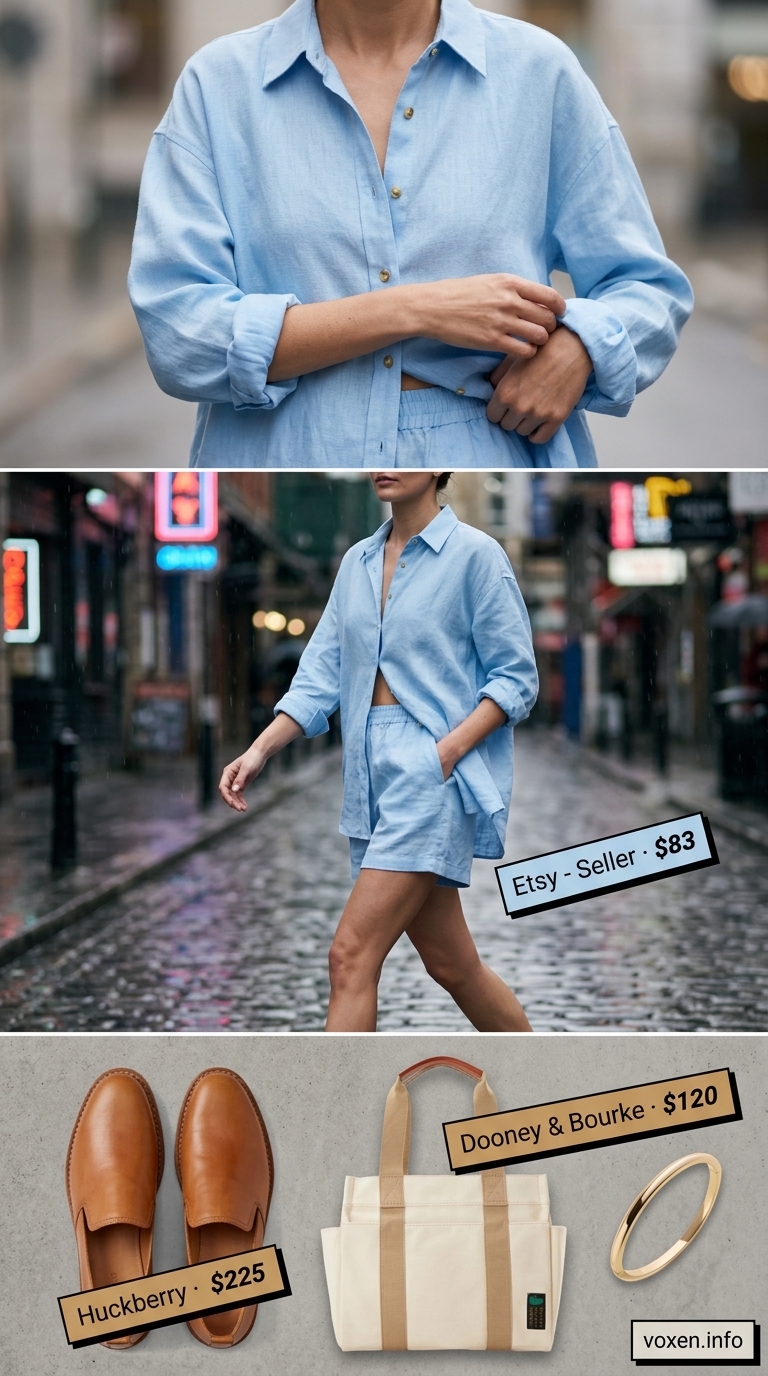 Rainy day summer outfits for women 2026: Light blue linen set with water-resistant leather loafers for effortless chic.