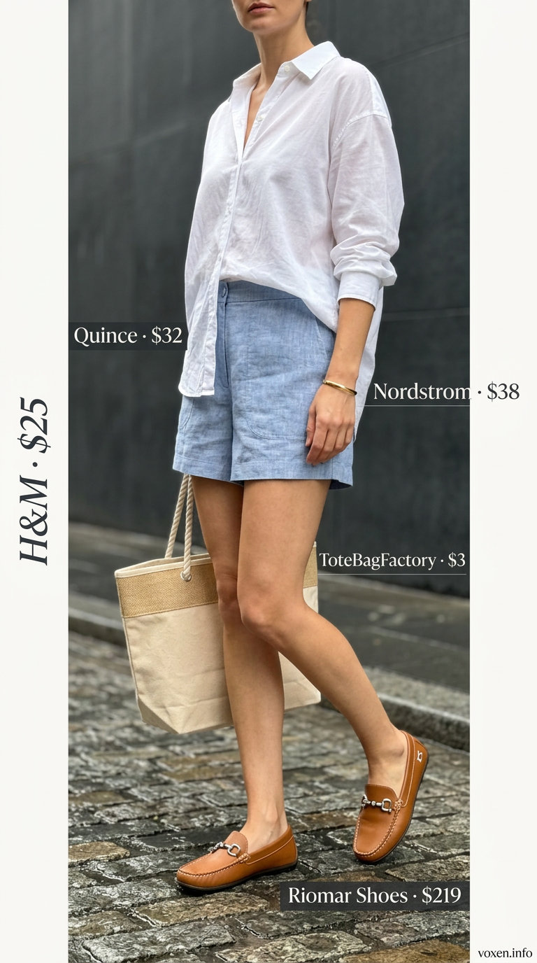 Rainy day summer outfits for women 2026: Light blue linen shorts, white oversized shirt, tan slides & canvas tote for a relaxed coastal day.