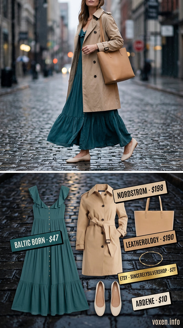 Rainy day summer outfits for women 2026: Teal maxi dress, trench coat, waterproof flats for an elegant evening out.