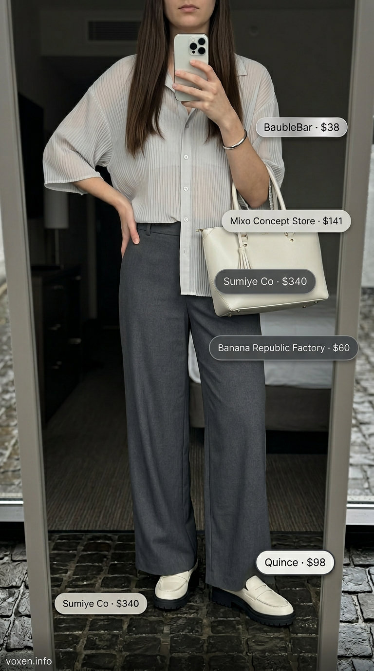 Rainy day summer outfits for women 2026: Wide-leg trousers, sheer shirt, loafers for a minimalist monochrome look.
