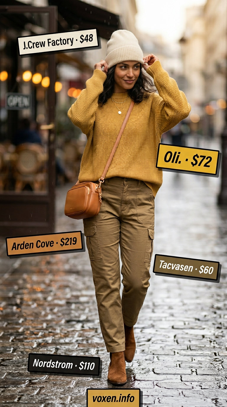 Rainy day summer outfits for women 2026: Mustard yellow sweater, khaki cargo pants, cream beanie, brown bag & boots for a cozy coffee run.