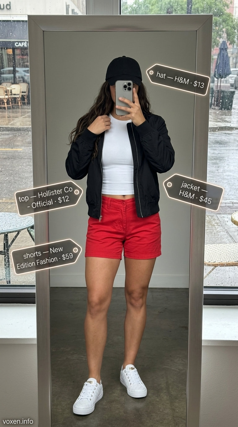 Rainy day summer outfits for women 2026: Red shorts, white tee, bomber jacket, sneakers for a playful, energetic look.