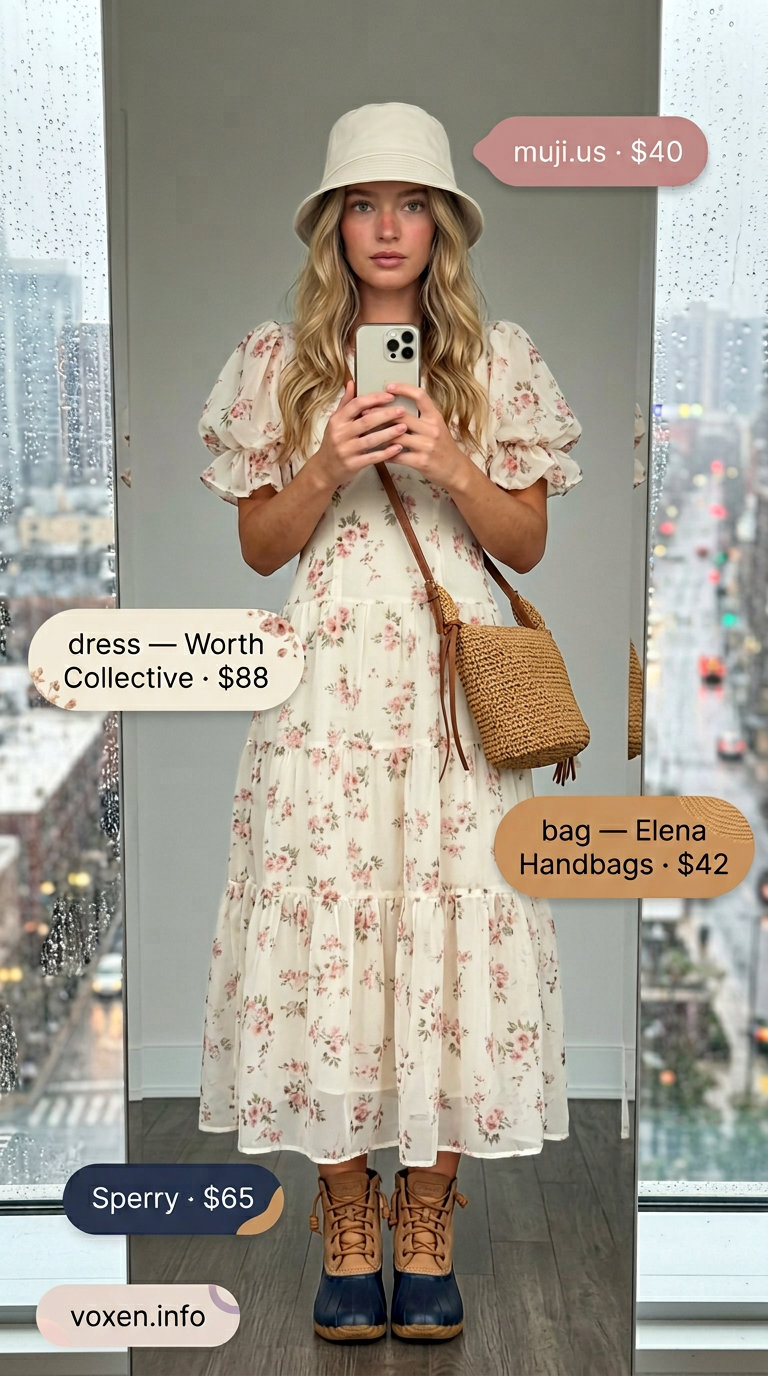 Rainy day summer outfits for women 2026: Dusty rose floral prairie dress with navy water-resistant boots & bucket hat.