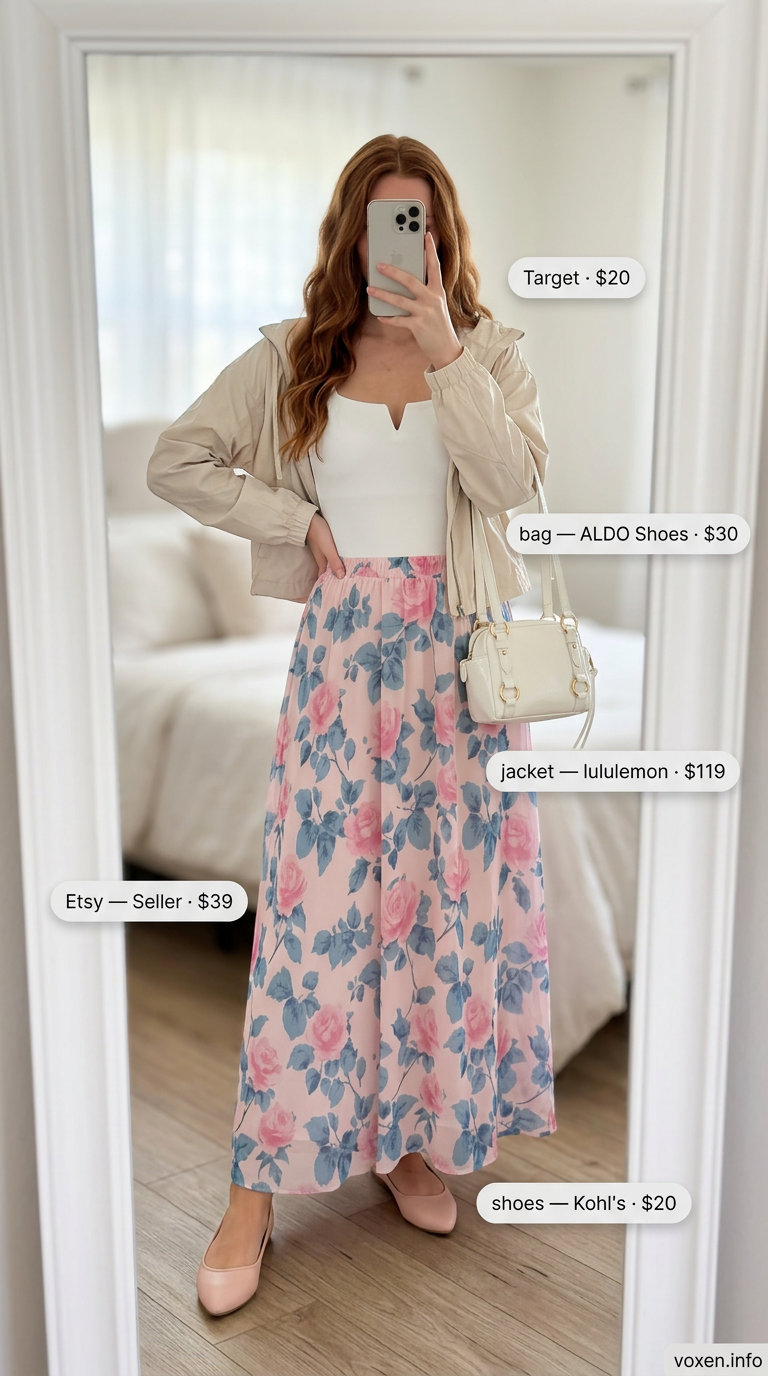 Rainy day summer outfits for women 2026: Pastel pink floral maxi skirt, white bodysuit, beige jacket & flats for a romantic date.