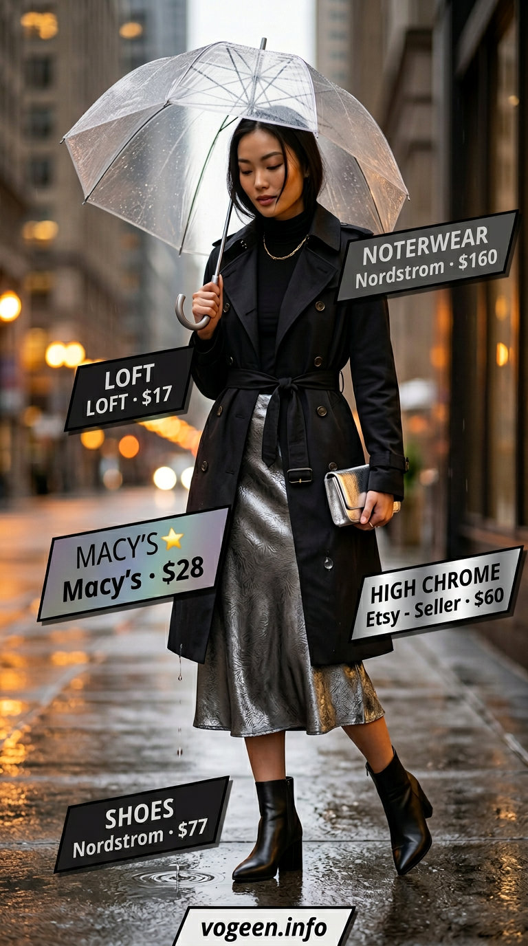 Rainy day summer outfits for women 2026: Silver slip skirt, black turtleneck, trench coat, heeled boots & metallic clutch for an elegant evening.