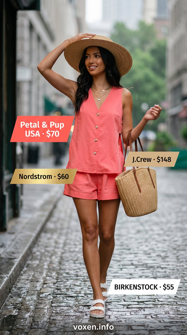 Rainy day summer outfits for women 2026: Coral matching set, straw tote, slide sandals for an effortless chic look.