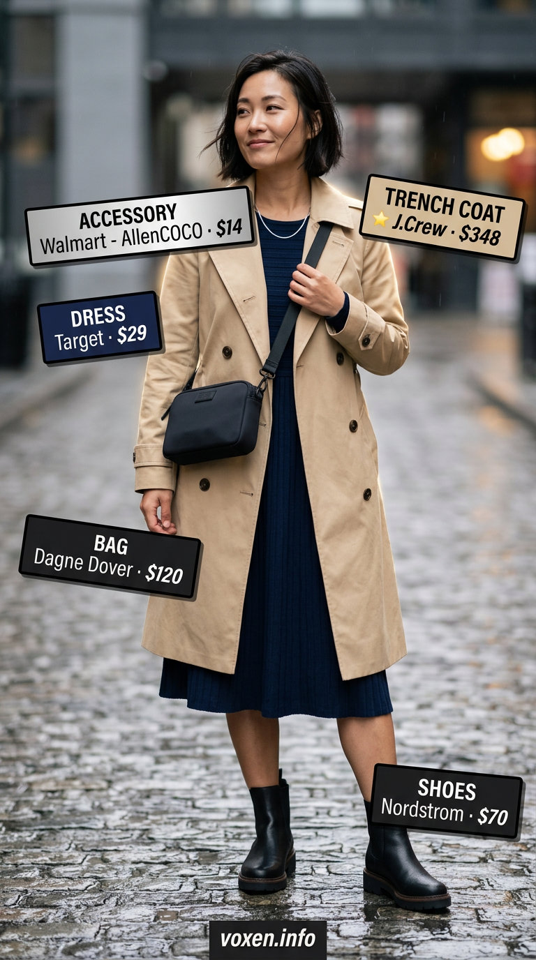 Rainy day summer outfits for women 2026: Navy midi dress, beige trench coat, leather boots for sophisticated city exploration.