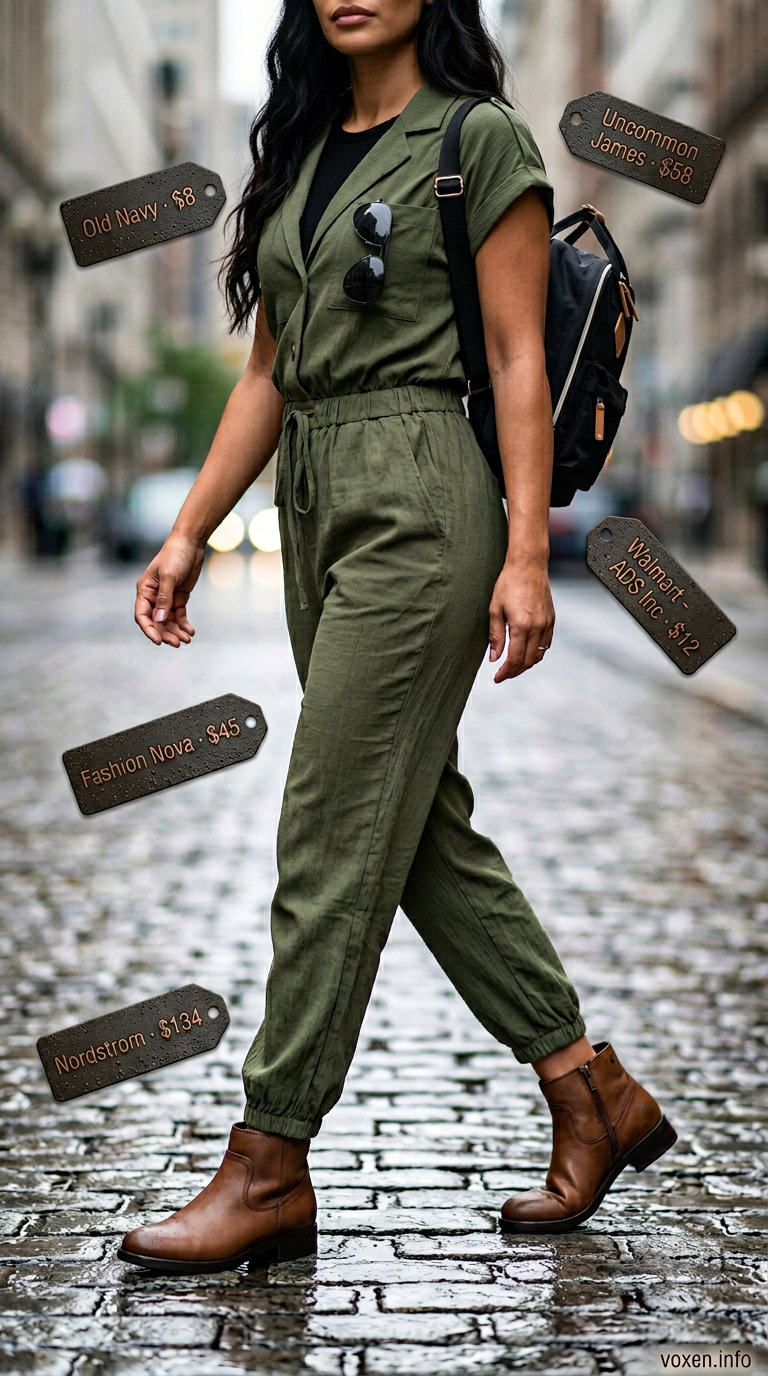 Rainy day summer outfits for women 2026: Olive utility jumpsuit, black tee, tan ankle boots, black backpack & sunglasses for practical style.