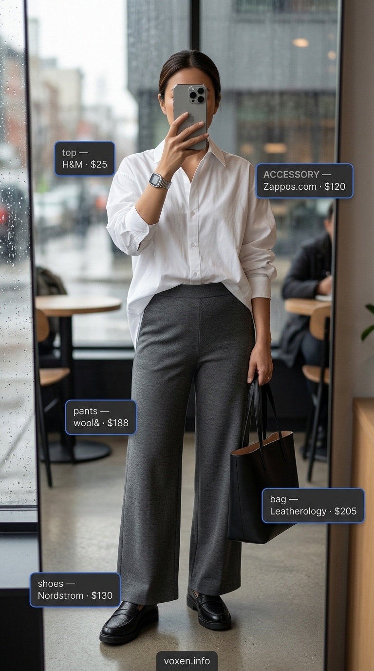 Rainy day summer outfits for women 2026: Charcoal wide-leg pants, white shirt, black loafers, tote bag & watch for a polished office look.