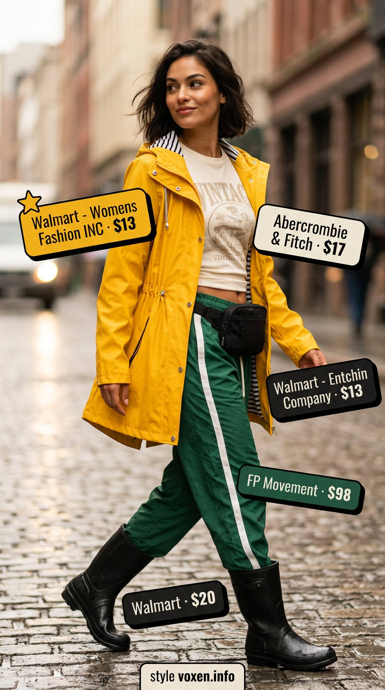 Rainy day summer outfits for women 2026: Bright yellow raincoat over olive green waterproof pants & rain boots.