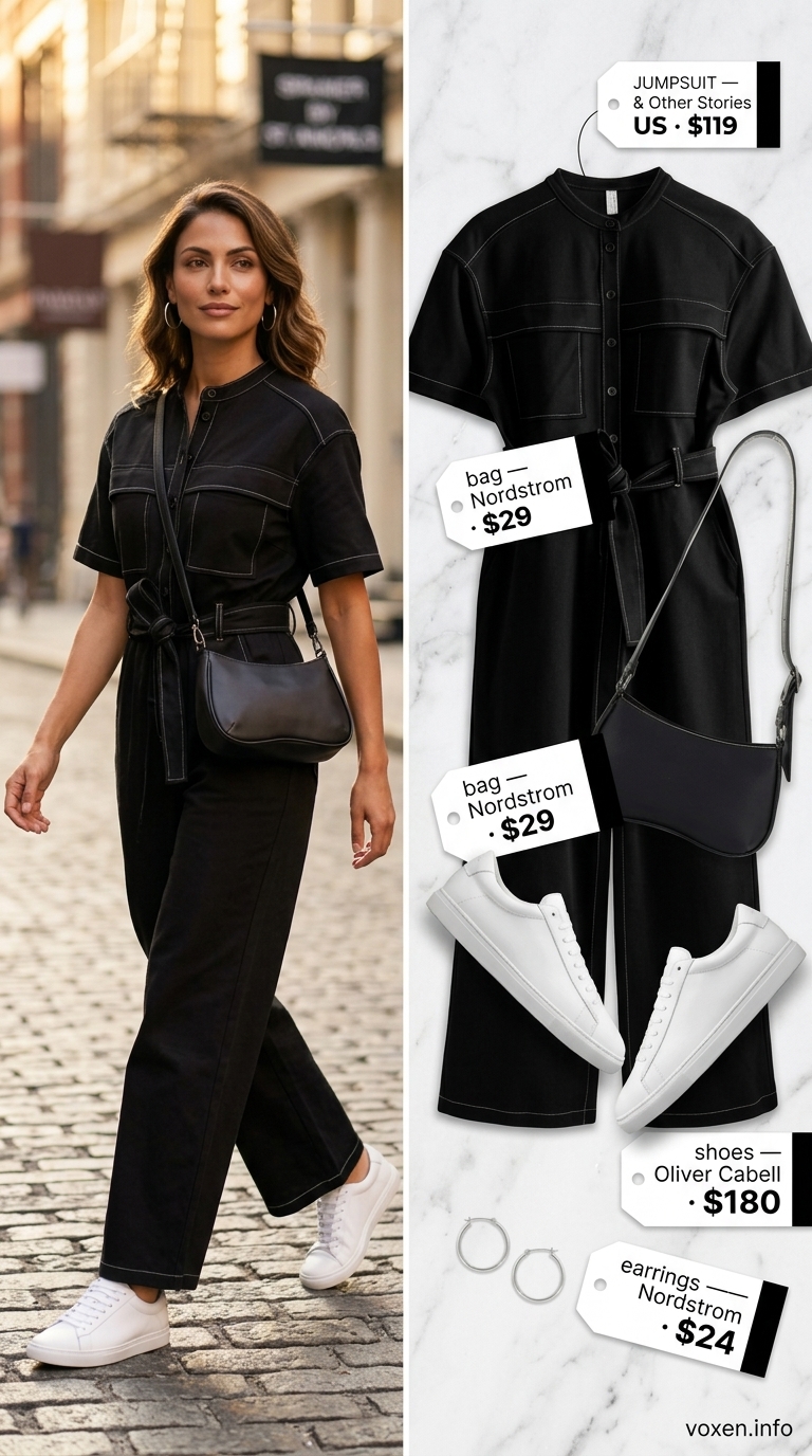 Relaxed casual summer outfits for women 2026: Black utility jumpsuit, white sneakers, silver hoops for city sightseeing.