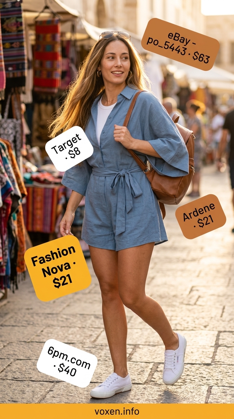 Relaxed casual summer outfits for women 2026: Dusty blue romper, white sneakers, aviators for day trip.