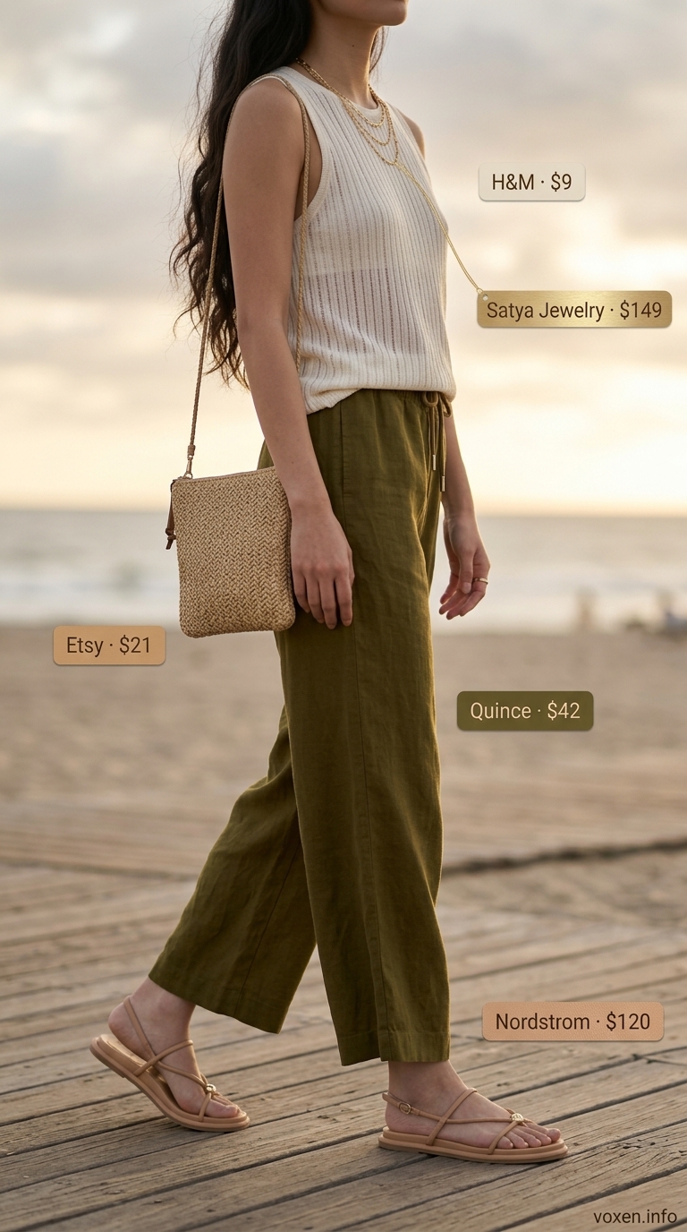 Relaxed casual summer outfits for women 2026: Sage green linen pants, cream scoop neck tank, tan sandals for boardwalk evening.