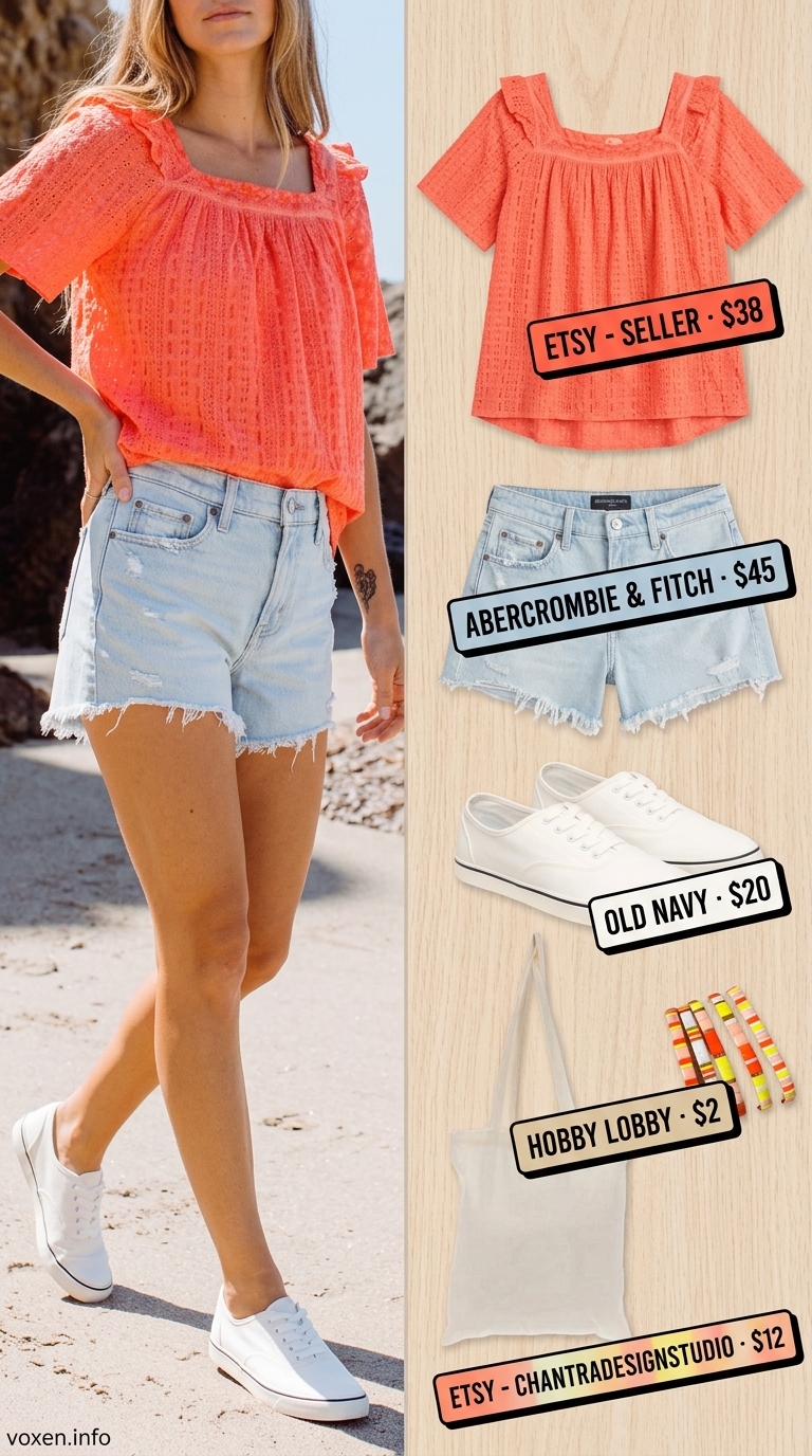 Relaxed casual summer outfits for women 2026: Denim shorts, coral eyelet top, white sneakers for city sightseeing.