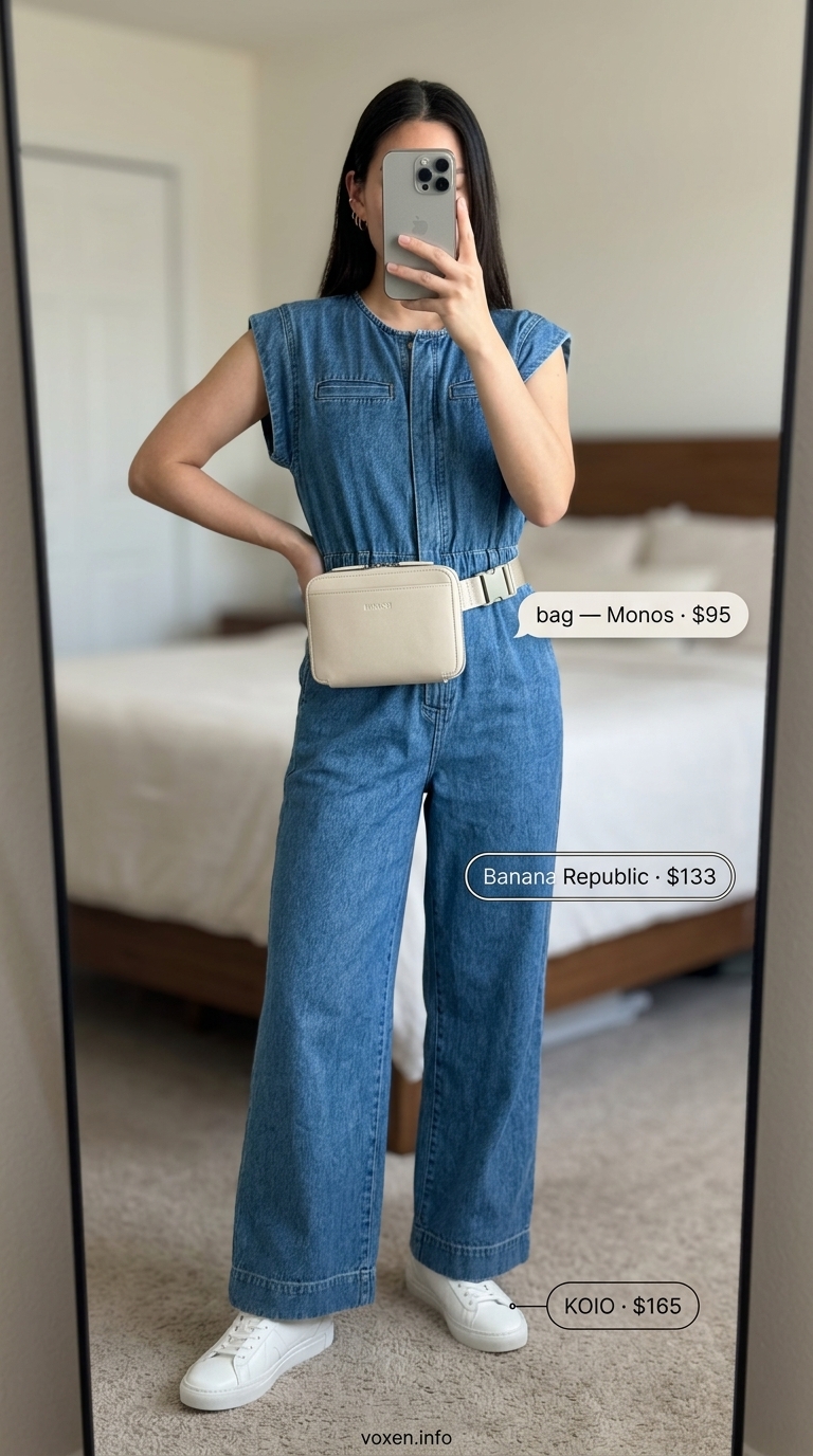 Relaxed casual summer outfits for women 2026: Light blue chambray jumpsuit, white sneakers, cream belt bag for city safari.