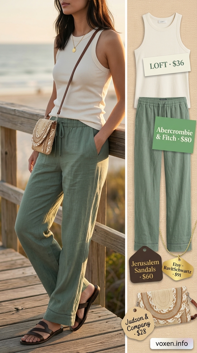 Relaxed casual summer outfits for women 2026: Sage green linen pants, cream ribbed tank, tan slides for coastal brunch.