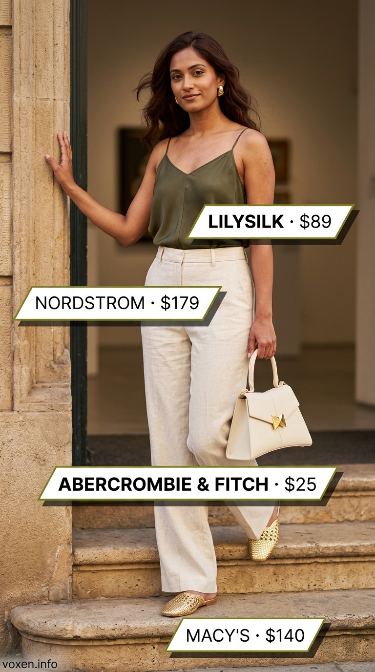 Relaxed casual summer outfits for women 2026: Cream linen pants, olive silk cami, gold mules & statement earrings for business casual lunch.