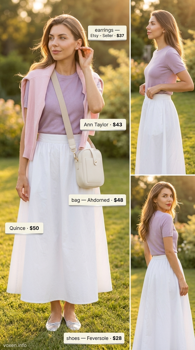 Relaxed casual summer outfits for women 2026: Pastel pink sweater, white midi skirt, silver flats for garden party.