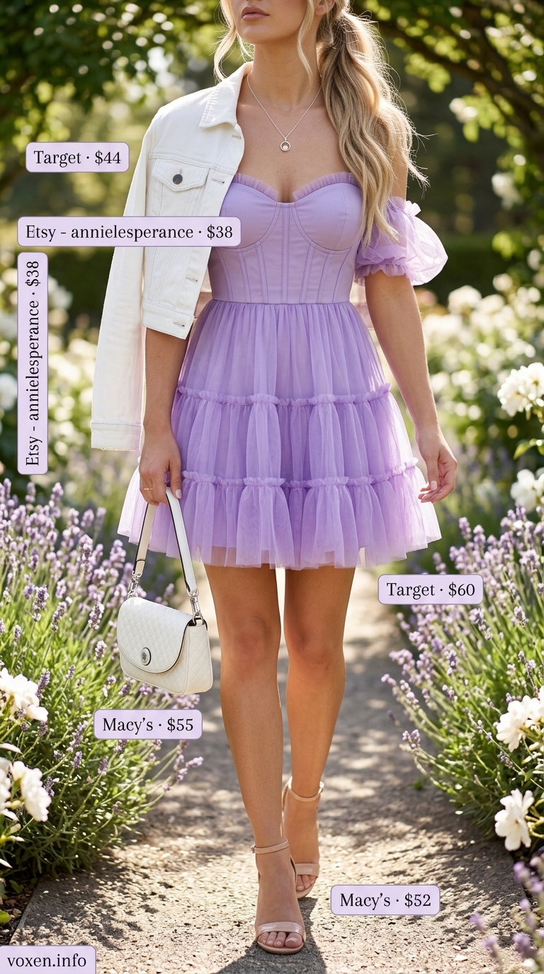 Relaxed casual summer outfits for women 2026: Lavender dress, denim jacket, nude sandals for picnic.