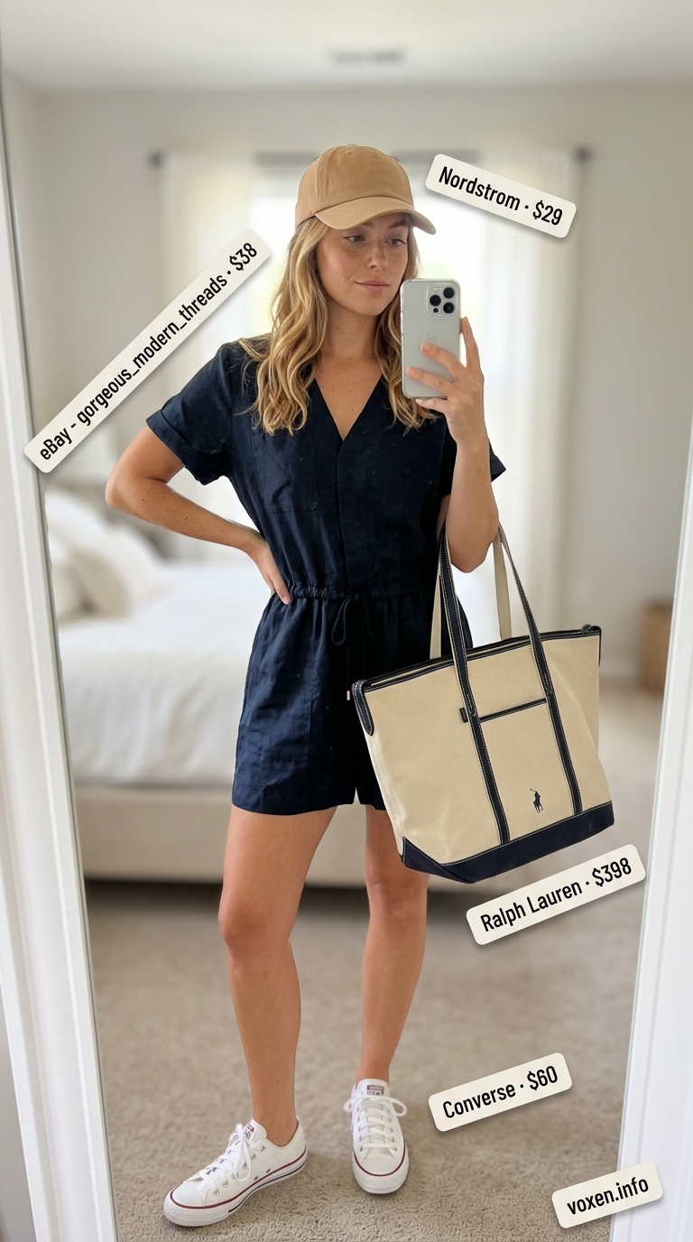 Relaxed casual summer outfits for women 2026: Navy romper, white sneakers, canvas tote for park picnic.