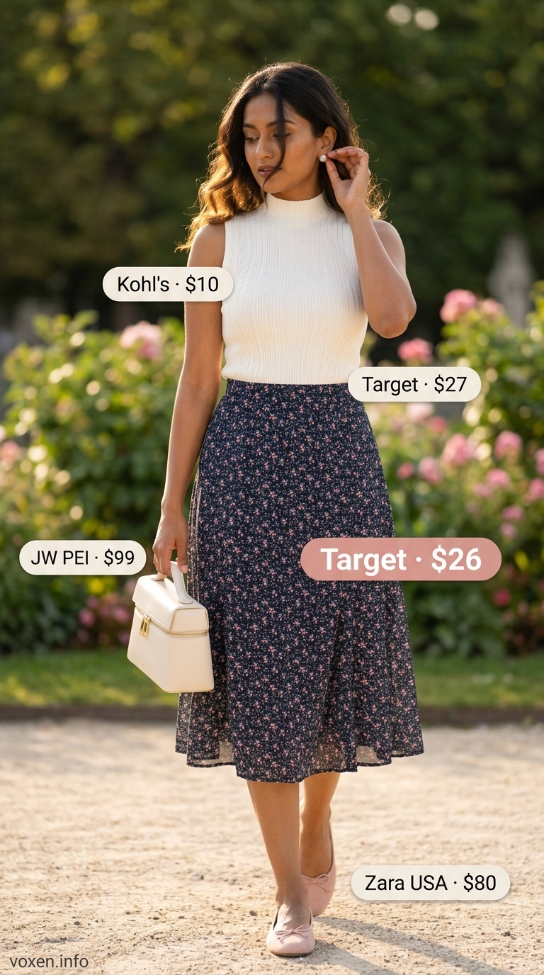 Relaxed casual summer outfits for women 2026: Navy floral skirt, blush knit top, ballet flats for Parisian garden brunch.