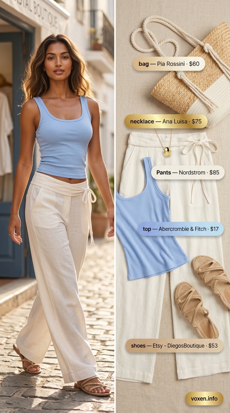 Relaxed casual summer outfits for women 2026: Cream linen pants, sky blue ribbed tank, tan espadrilles for seaside lunch.