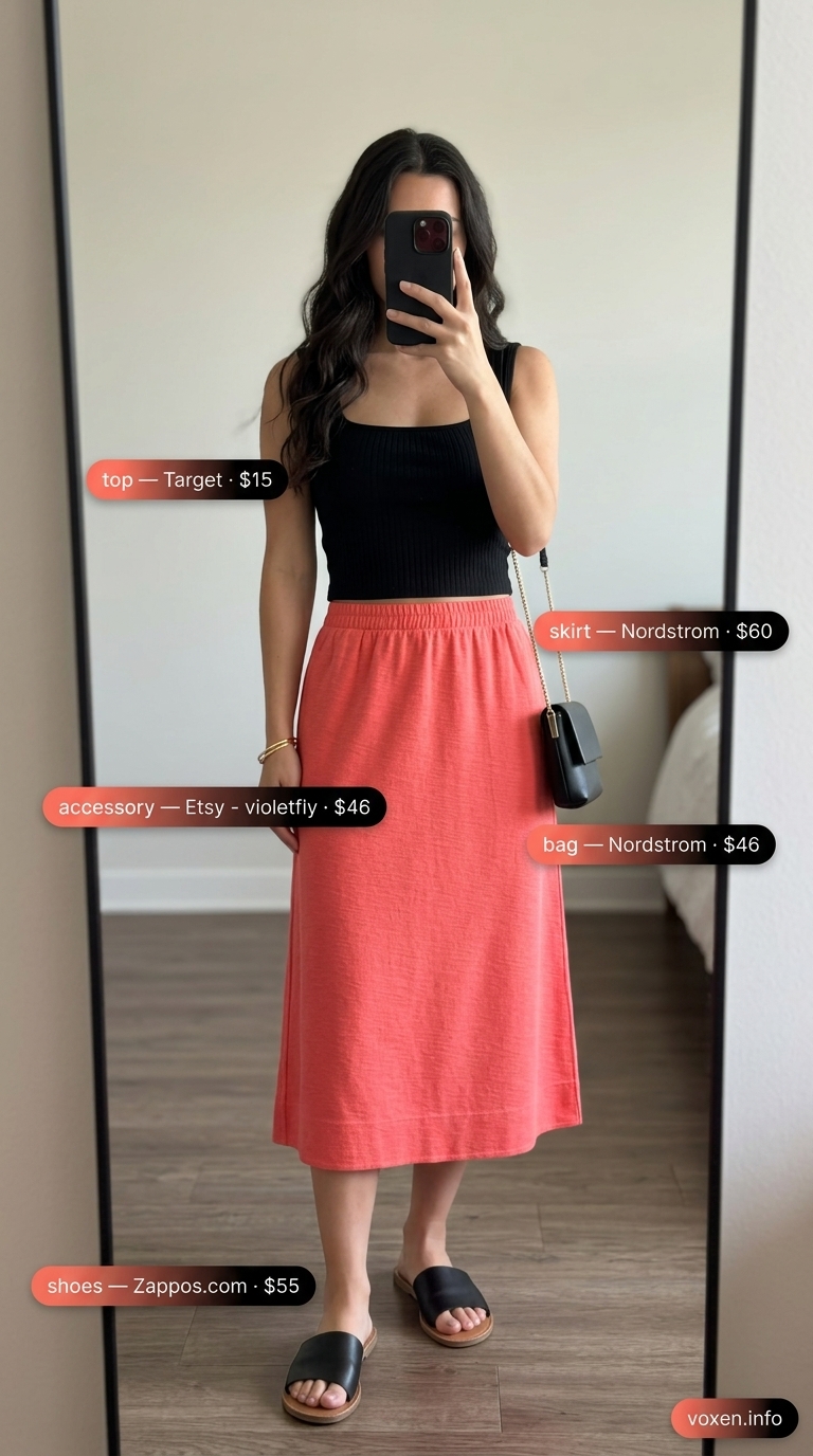 Relaxed casual summer outfits for women 2026: Terracotta skirt, black crop top, leather slides for evening drinks.