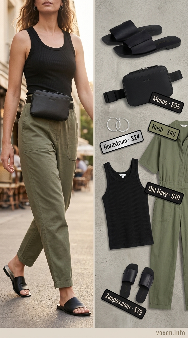 Relaxed casual summer outfits for women 2026: Khaki utility jumpsuit, black tank, leather slides for outdoor concert.