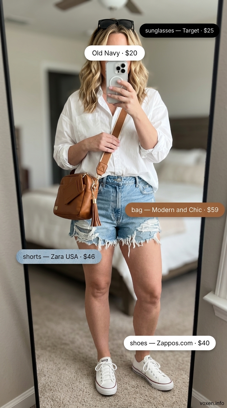 Relaxed casual summer outfits for women 2026: Distressed denim shorts, oversized white shirt, white sneakers for weekend errands.