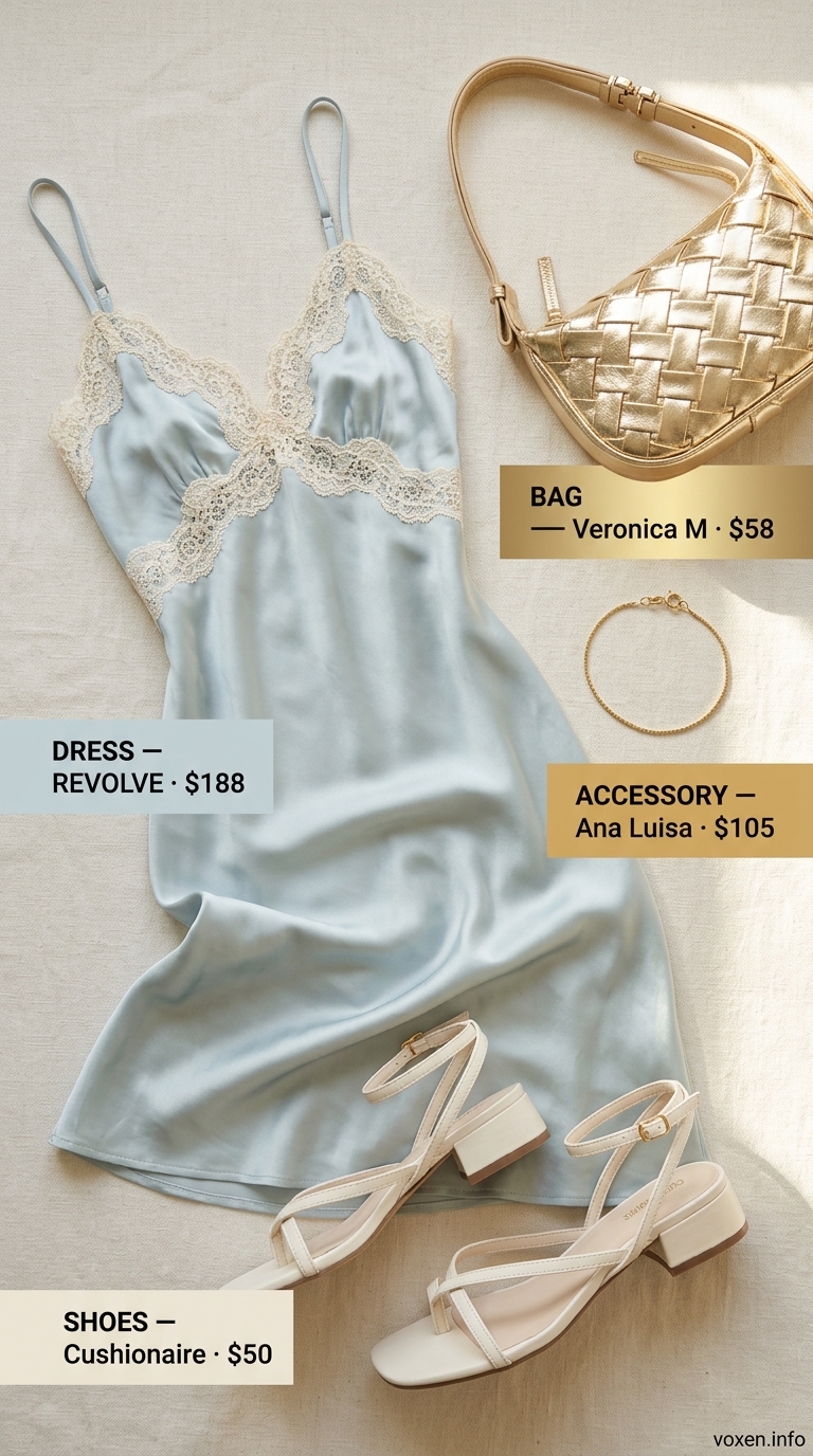 Relaxed casual summer outfits for women 2026: Soft blue satin slip dress, gold chain bag, and block heels for a Riviera evening.