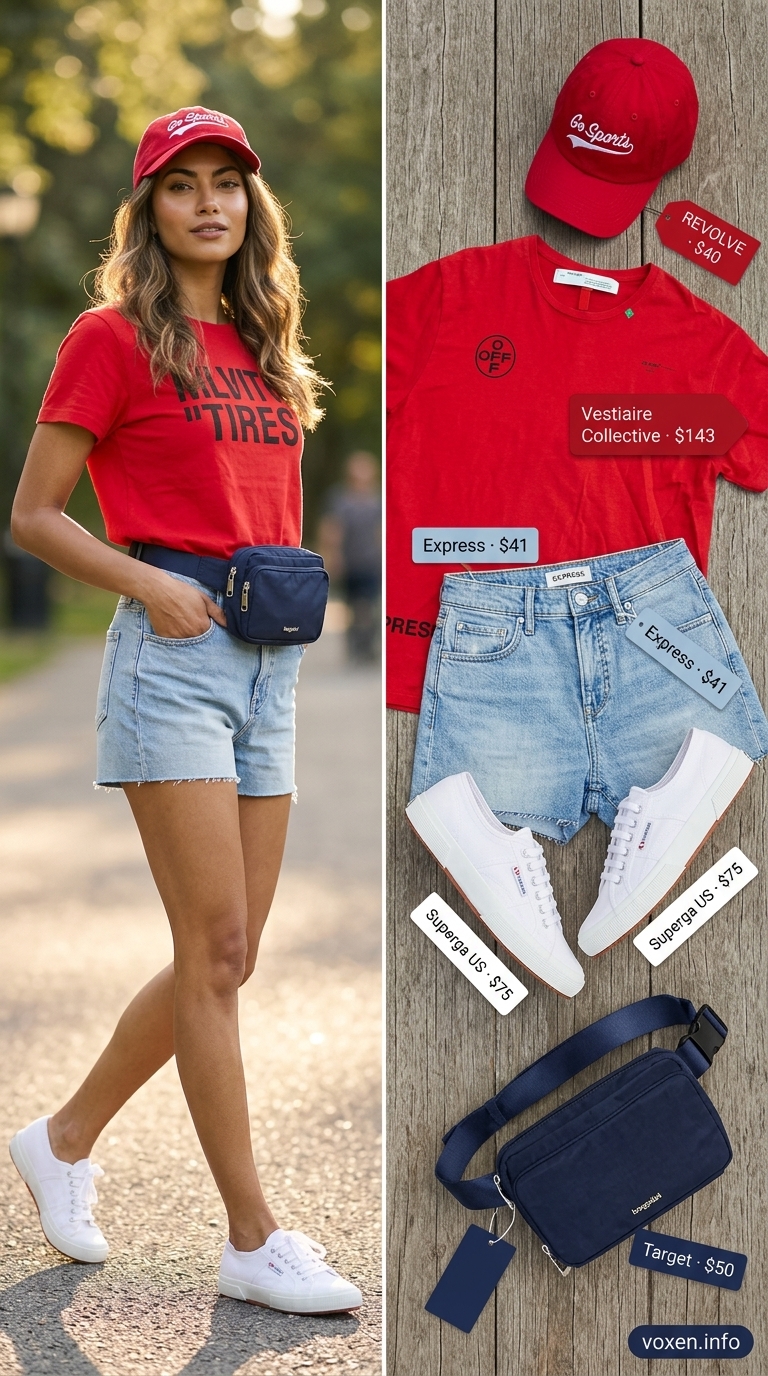 Relaxed casual summer outfits for women 2026: Denim shorts, graphic tee, baseball cap, and belt bag for sporty park days.