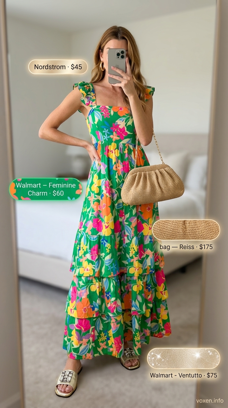 Relaxed casual summer outfits for women 2026: Green floral maxi dress, gold sandals, and raffia clutch for tropical resort wear.