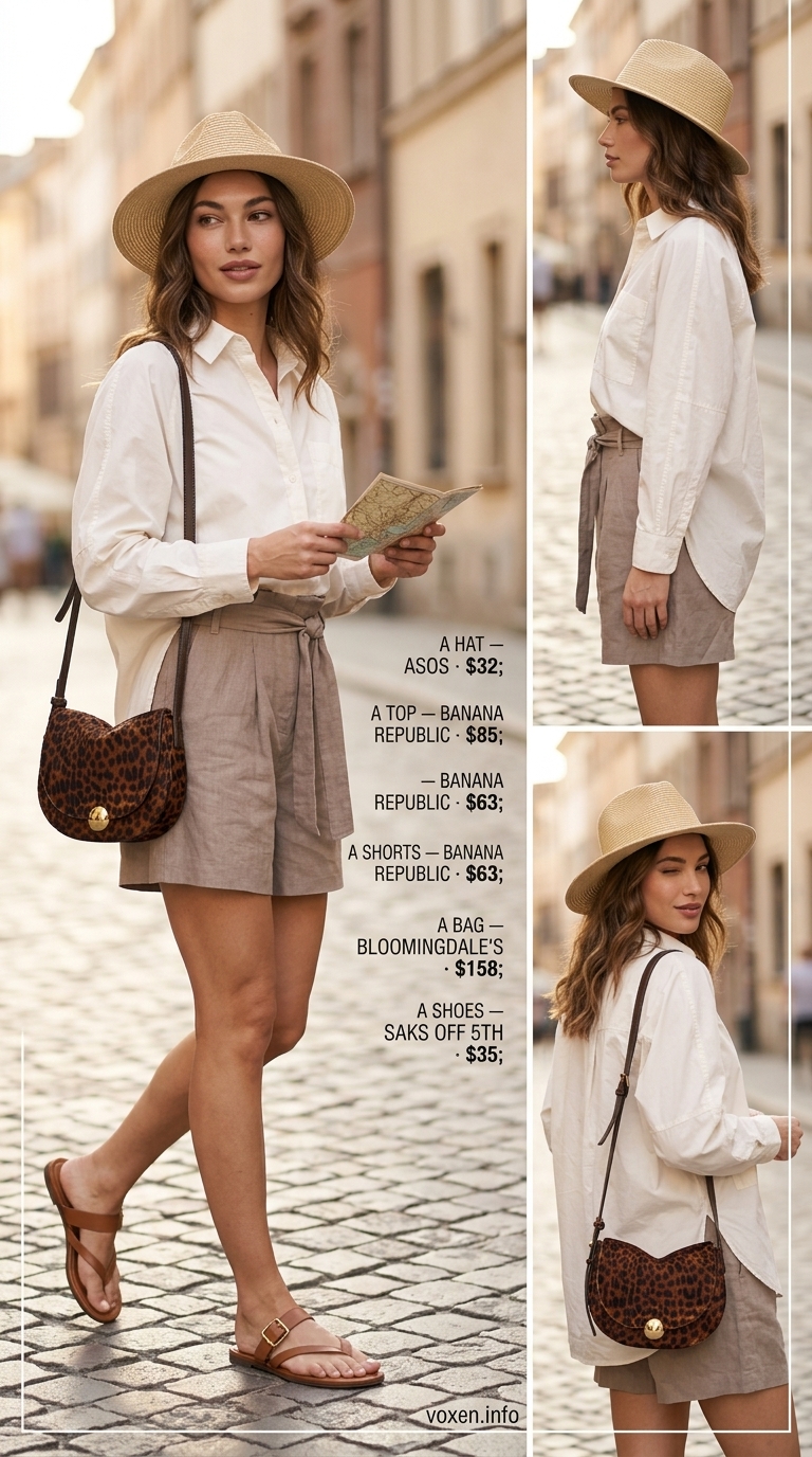 Relaxed casual summer outfits for women 2026: Khaki shorts, ivory shirt, leopard bag, and straw hat for safari chic.