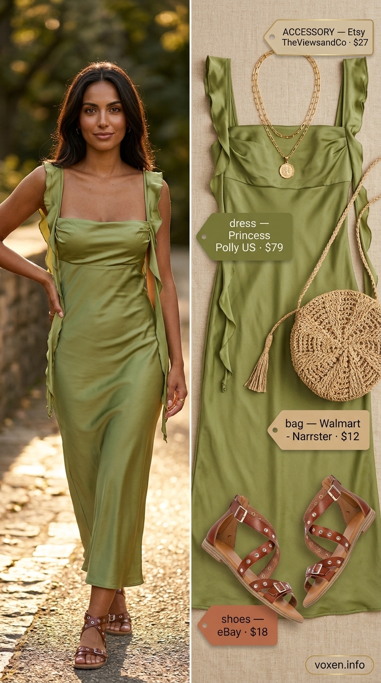 Relaxed casual summer outfits for women 2026: Olive tiered maxi dress, rust gladiator sandals, gold necklaces, and raffia bag.