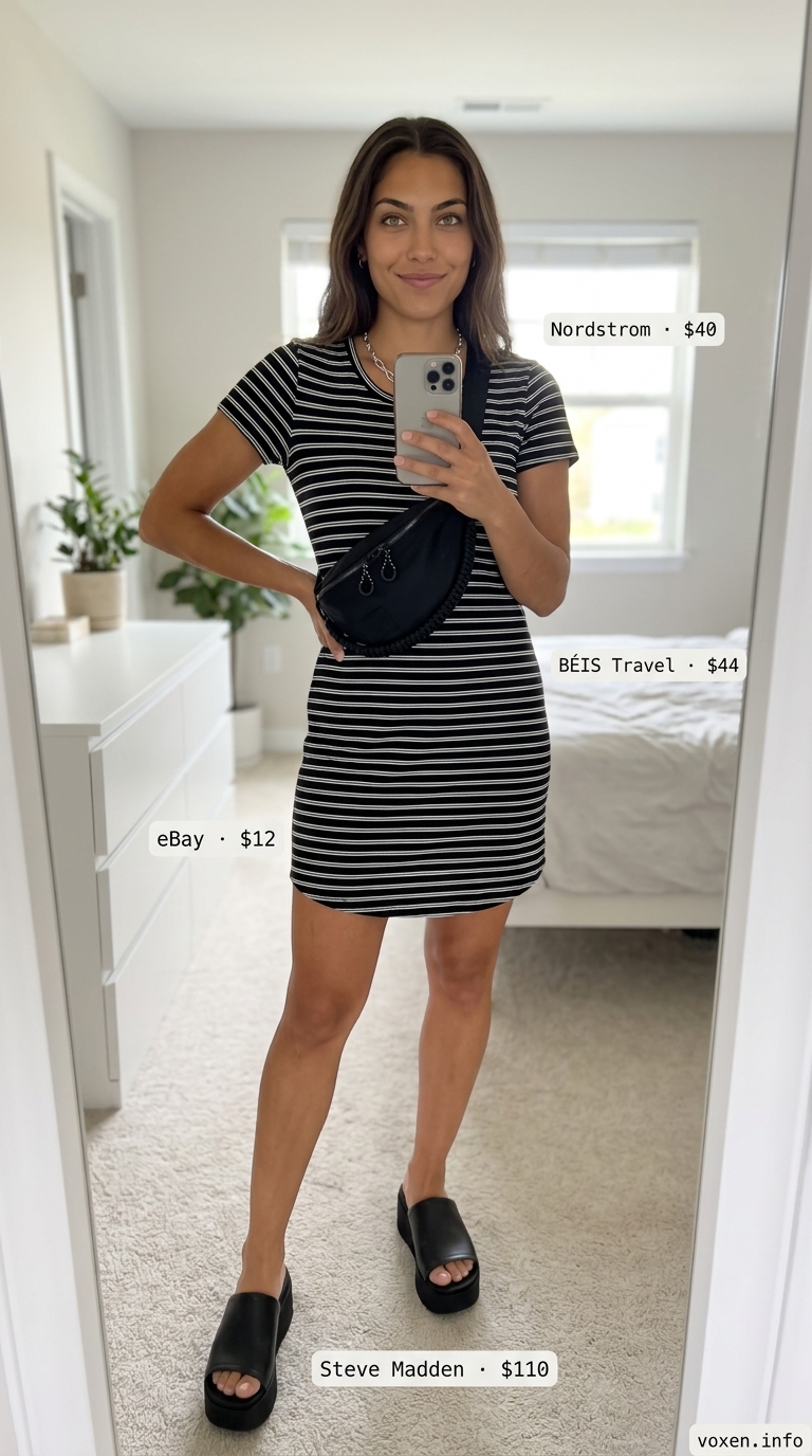 Relaxed casual summer outfits for women 2026: Striped t-shirt dress, chunky slides, fanny pack, and silver necklace for urban sporty chic.