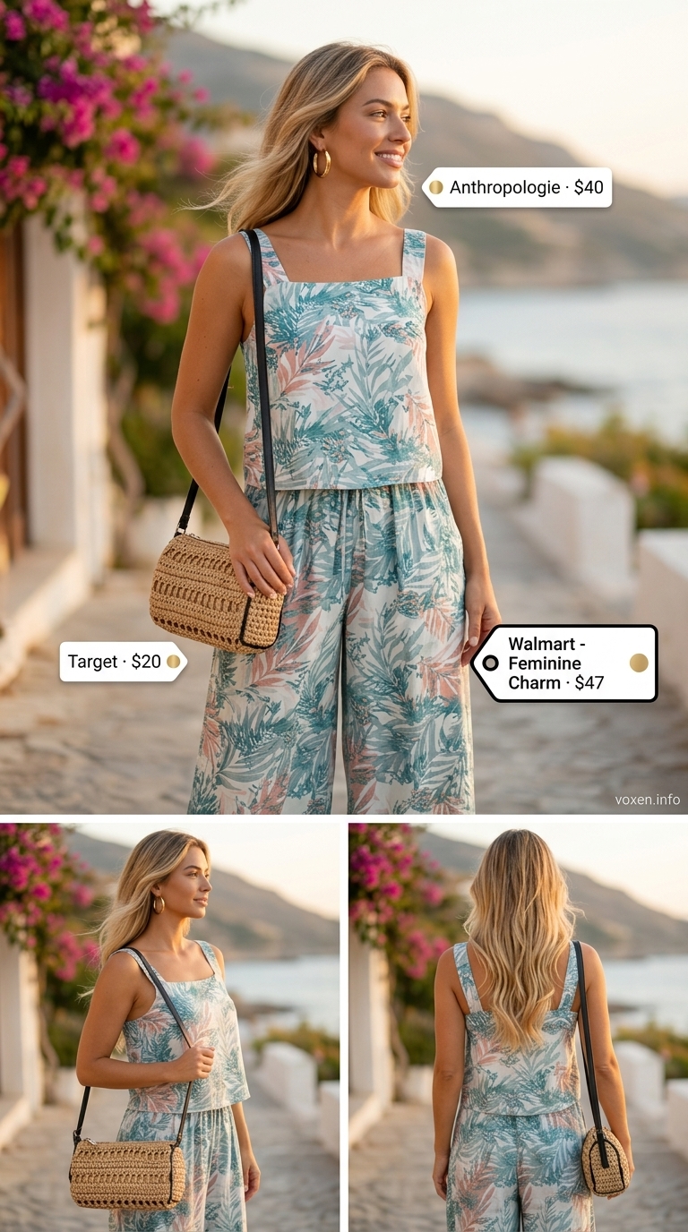Relaxed casual summer outfits for women 2026: Tropical matching set, white slides, straw bag, and gold earrings for vacation.