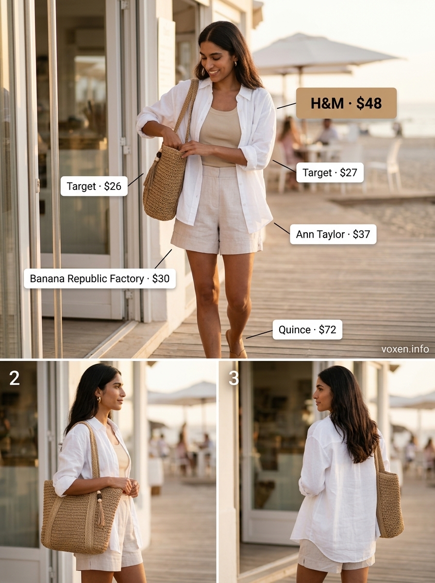 Relaxed beige linen shorts with a fitted tank and oversized linen shirt for casual weekends. Shop summer sleeveless tops for women 2026.
