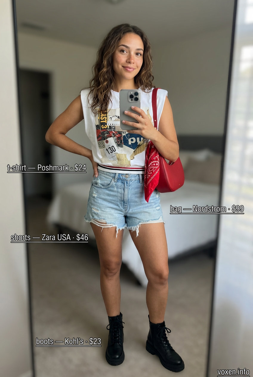 Retro denim shorts outfit with a white graphic tee and red bandana for festivals. Shop summer sleeveless tops for women 2026.