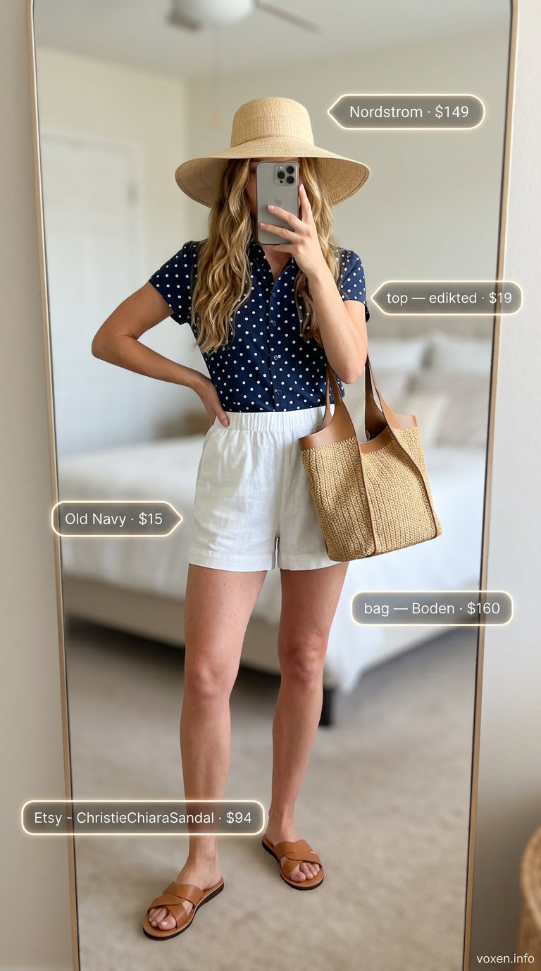 Navy polka dot blouse & linen shorts for retro summer outfits for women 2026. Breezy beach style.