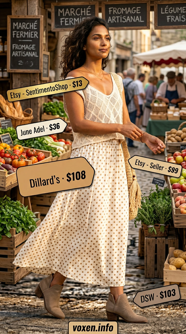 Cream polka dot maxi skirt for retro summer outfits for women 2026. Bohemian festival style.