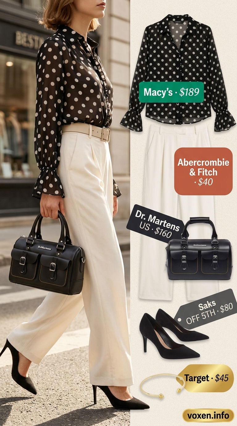 Sophisticated black polka dot blouse, beige trousers, black heels. Retro summer polka dots outfits 2026.