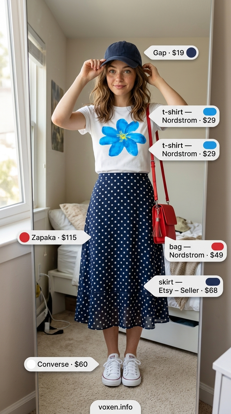Navy polka dot denim skirt outfit for retro summer outfits for women 2026. Youthful casual style.