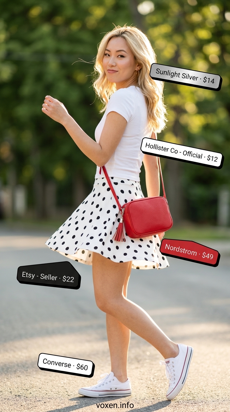 Black polka dot skirt outfit for retro summer outfits for women 2026. Playful diner style.