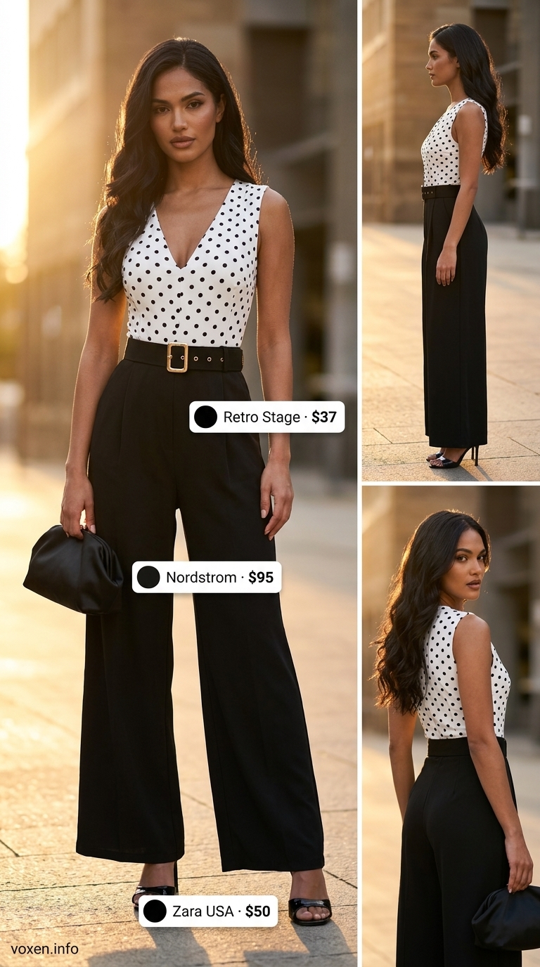 Black polka dot jumpsuit for retro summer outfits for women 2026. Glamorous evening style.