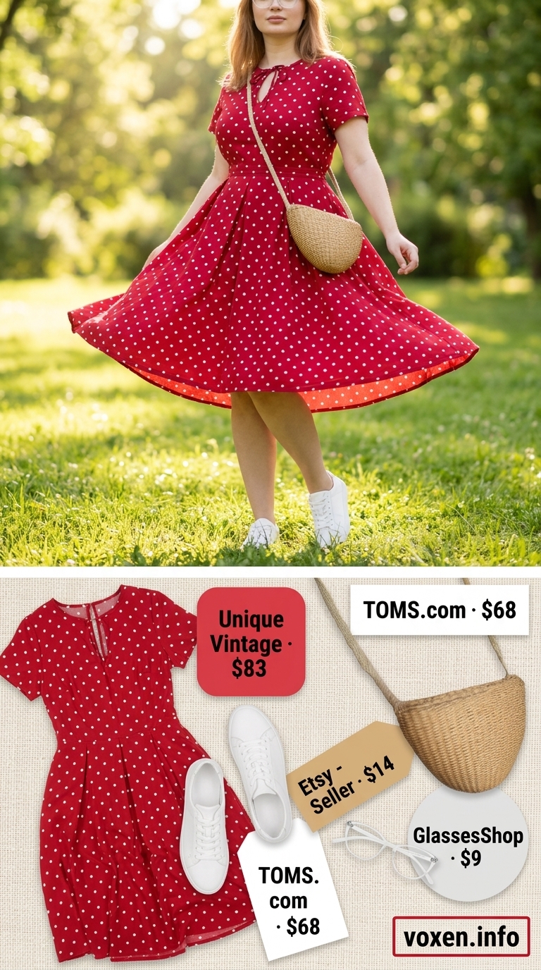 Picnic perfect polka dot dress: white with red polka dots midi dress, straw bag, white sneakers. Retro summer 2026.